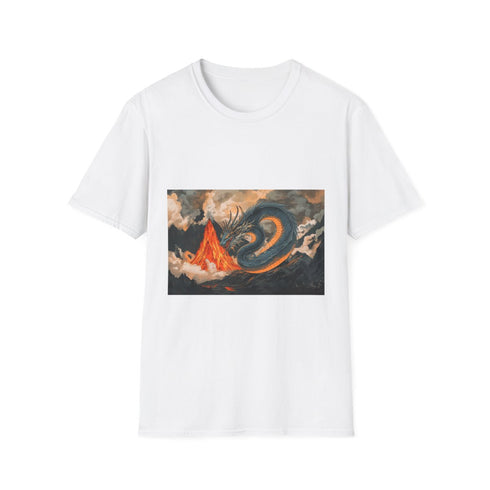 Mirror Dragon Curled Around Volcano Graphic Unisex Softstyle T-Shirt - Front View