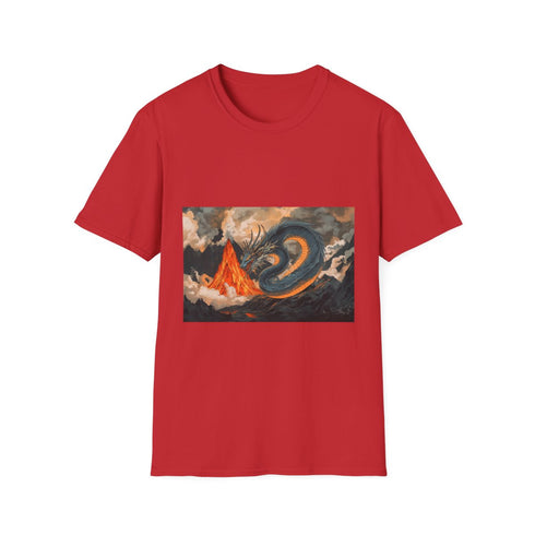 Mirror Dragon Curled Around Volcano Graphic Unisex Softstyle T-Shirt - Red Variant