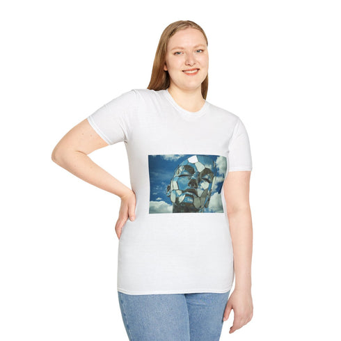 Mirror Fragments Forming Face in Sky Graphic Unisex Softstyle T-Shirt - Model View