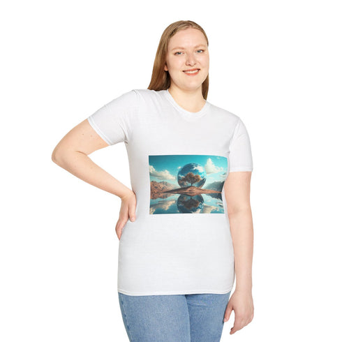 Mirror Planet Reflecting Earths Dreams Graphic Unisex Softstyle T-Shirt - Model View