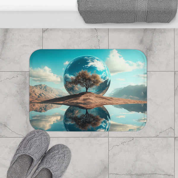 Mirror Planet Reflecting Earths Dreams — Memory Foam Bath Mat — Modern Bathroom Floor Lifestyle View