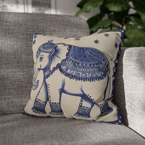 Portuguese Azulejo Tile & Elephant Boho Square Cushion Cover - Product in Use