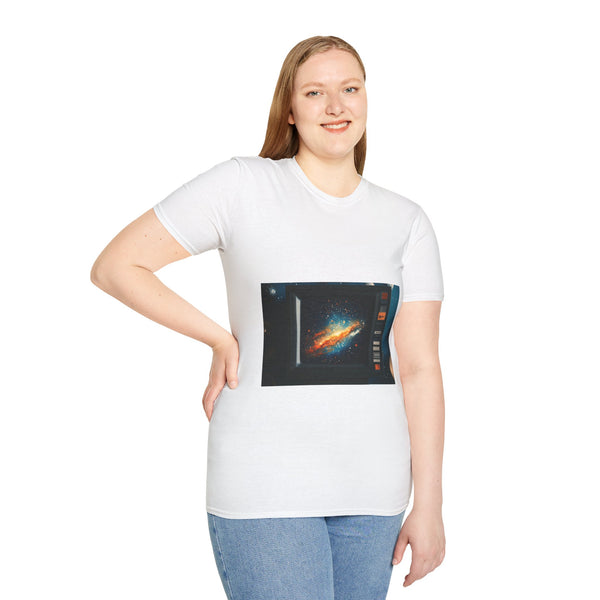 Retro Synthwave Cosmos VHS Graphic Unisex Softstyle T-Shirt - Product in Use