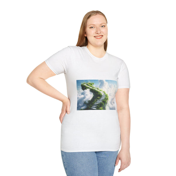 Infinite Dream Staircase Surrealist Graphic Unisex Softstyle T-Shirt - Product in Use