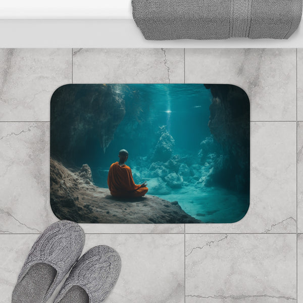 Monk Meditating in Underwater Cave (Edition II) — Memory Foam Bath Mat — Modern Bathroom Floor Lifestyle View