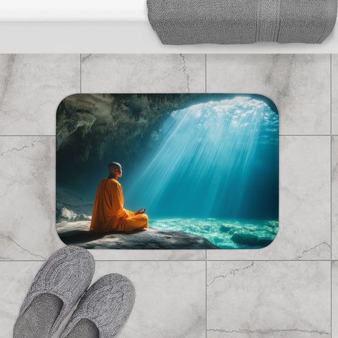 Monk Meditating in Underwater Cave (Edition III) — 61×43 Memory Foam Bath Mat — Modern Bathroom Floor Lifestyle View