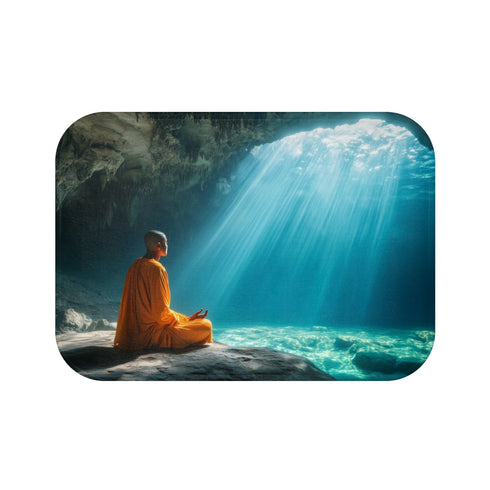Monk Meditating in Underwater Cave (Edition III) — 61×43 Memory Foam Bath Mat — Top-Down Velvet Microfibre Artwork View