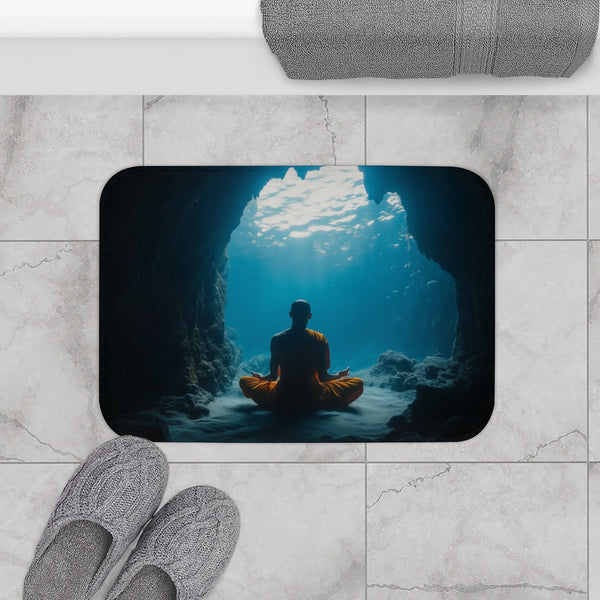 Monk Meditating in Underwater Cave (Edition IV) — Memory Foam Bath Mat — Modern Bathroom Floor Lifestyle View