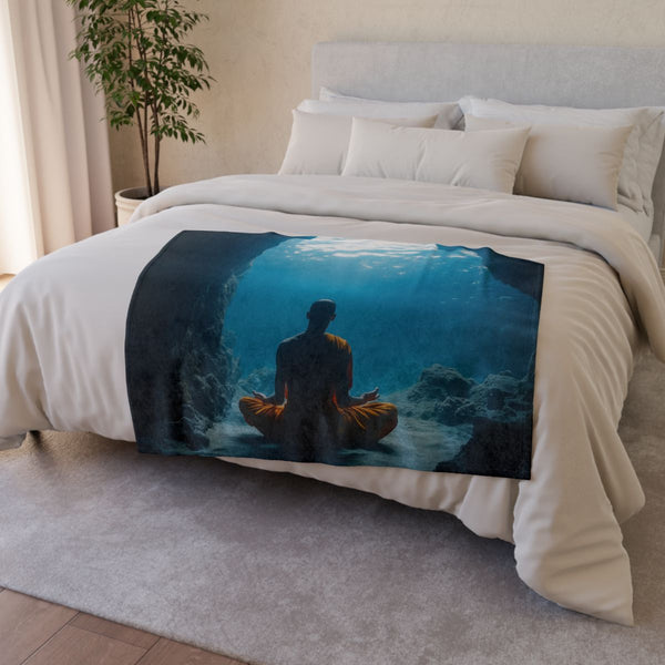 Monk Meditating in Underwater Cave (Edition IV) — Plush Fleece Throw Blanket — Drape over Sofa & Bed Lifestyle View