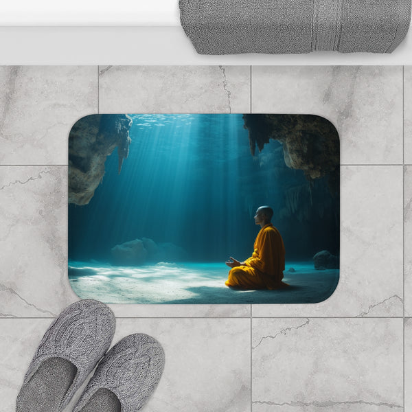 Monk Meditating in Underwater Cave — 61×43 Memory Foam Bath Mat — Modern Bathroom Floor Lifestyle View