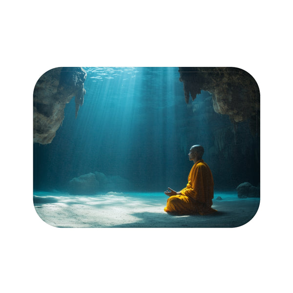 Monk Meditating in Underwater Cave — 61×43 Memory Foam Bath Mat — Top-Down Velvet Microfibre Artwork View