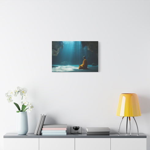 Monk Meditating in Underwater Cave — Stretched Canvas Wall Art — Living Room Wall Lifestyle View