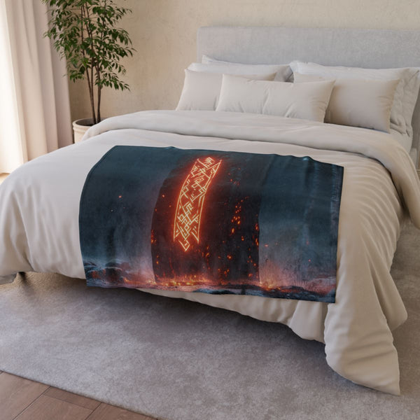 Monolith Glowing with Sacred Runes (Edition II) — Plush Fleece Throw Blanket — Drape over Sofa & Bed Lifestyle View