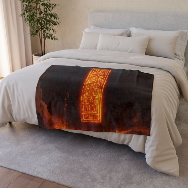 Monolith Glowing with Sacred Runes — Plush Fleece Throw Blanket — Drape over Sofa & Bed Lifestyle View
