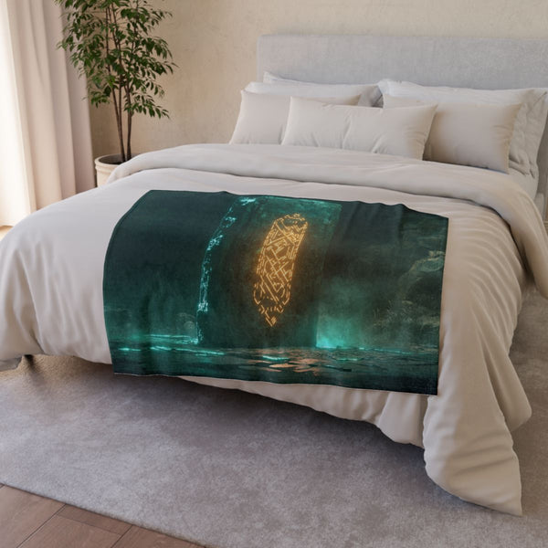 Monolith Glowing with Sacred Runes — Plush Fleece Throw Blanket — Draped Over Sofa & Bed Lifestyle View