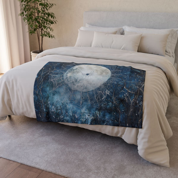 Moon Spider Weaving Web of Silver — Plush Fleece Throw Blanket — Drape over Sofa & Bed Lifestyle View