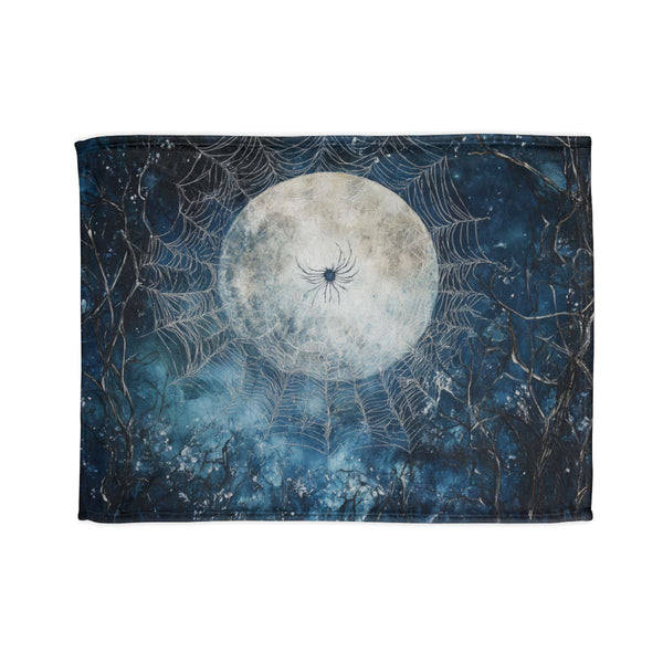 Moon Spider Weaving Web of Silver — Plush Fleece Throw Blanket — Full Spread Plush Fleece Artwork View