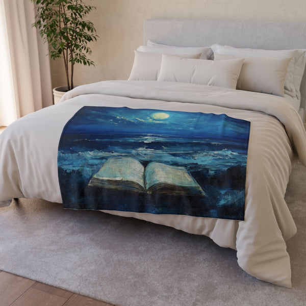 Moonlight Spilling from Open Book — Plush Fleece Throw Blanket — Draped Over Sofa & Bed Lifestyle View