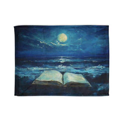 Moonlight Spilling from Open Book — Plush Fleece Throw Blanket — Full Flat Artwork View