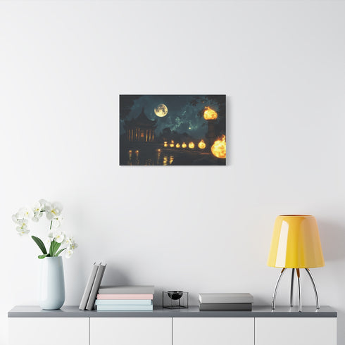 Moonlight Temple with Levitating Torches — Stretched Canvas Wall Art — Living Room Wall Lifestyle View