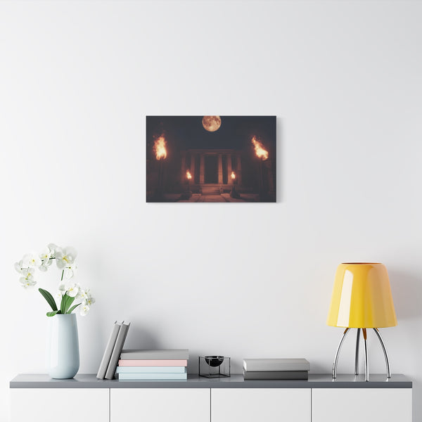 Moonlight Temple with Levitating Torches — Stretched Canvas Wall Art — Living Room Wall Lifestyle View