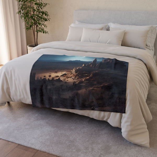 Moonlit Desert Mysterious Ruins Stars — 50×60 Plush Throw Blanket — Draped Over Sofa & Bed Lifestyle View