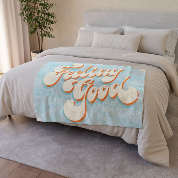 Motivational Positive Quote Groovy Blue Orange Beige Re — 50×60 Plush Throw Blanket — Draped Over Sofa & Bed Lifestyle View