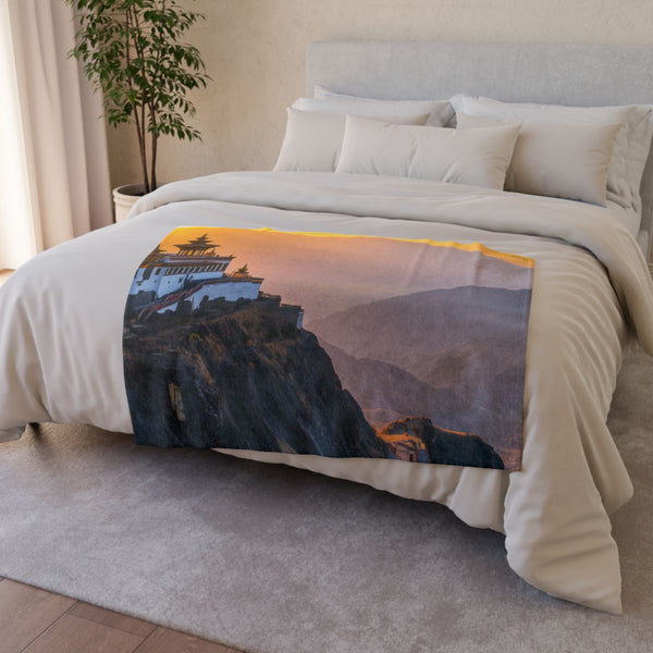 Mountain Temple at Golden Hour — Plush Fleece Throw Blanket — Drape over Sofa & Bed Lifestyle View