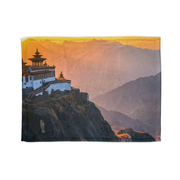 Mountain Temple at Golden Hour — Plush Fleece Throw Blanket — Full Spread Plush Fleece Artwork View
