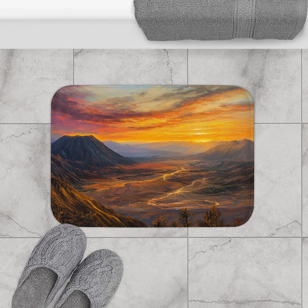 Mt Bromo Indonesia Fiery Heart of East Java Sunrise — 61×43 Memory Foam Bath Mat — Modern Bathroom Floor Lifestyle View