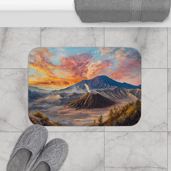 Mt Bromo Indonesia Fiery Heart of East Java Sunrise (Edition III) — Memory Foam Bath Mat — Modern Bathroom Floor Lifestyle View