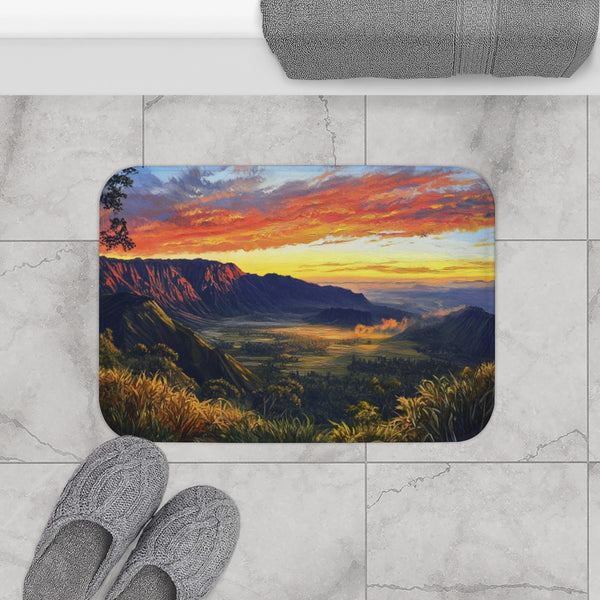 Mt Bromo Indonesia Fiery Heart of East Java Sunrise — 61×43 Memory Foam Bath Mat — Modern Bathroom Floor Lifestyle View