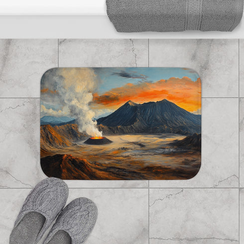 Mt Bromo Indonesia Fiery Heart of East Java Sunrise — 61×43 Memory Foam Bath Mat — Modern Bathroom Floor Lifestyle View