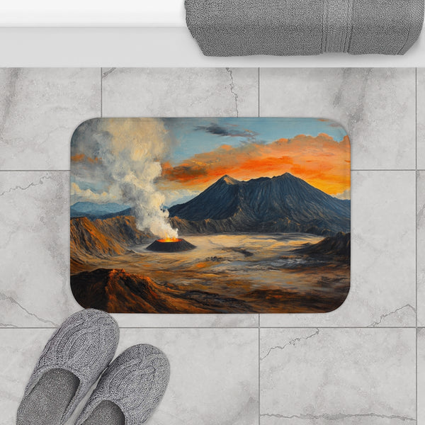 Mt Bromo Indonesia Fiery Heart of East Java Sunrise (Edition V) — Memory Foam Bath Mat — Modern Bathroom Floor Lifestyle View