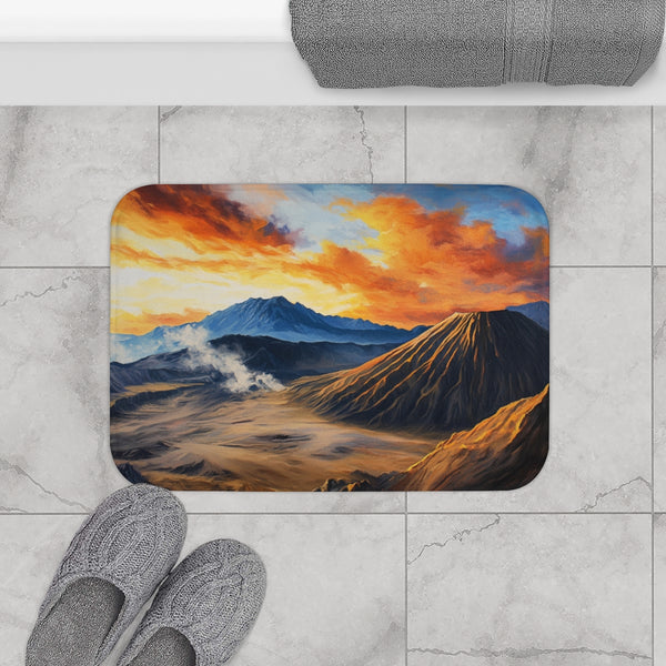 Mt Bromo Indonesia Fiery Heart of East Java Sunrise — 61×43 Memory Foam Bath Mat — Modern Bathroom Floor Lifestyle View