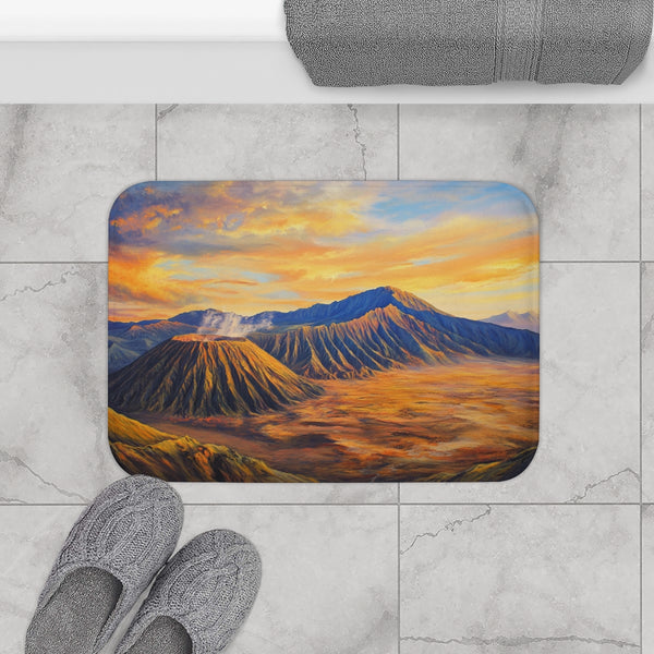 Mt Bromo Indonesia Fiery Heart of East Java Sunrise — Memory Foam Bath Mat — Modern Bathroom Floor Lifestyle View