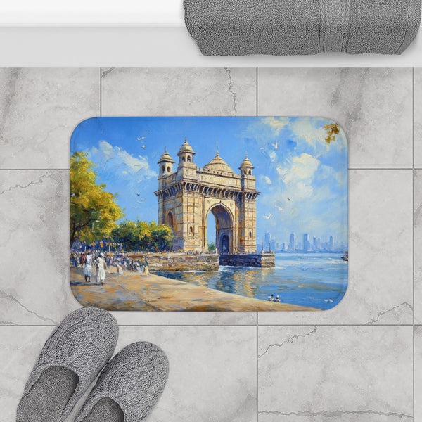 Mumbai Maharashtra Painting Gateway of India River — 61×43 Memory Foam Bath Mat — Modern Bathroom Floor Lifestyle View