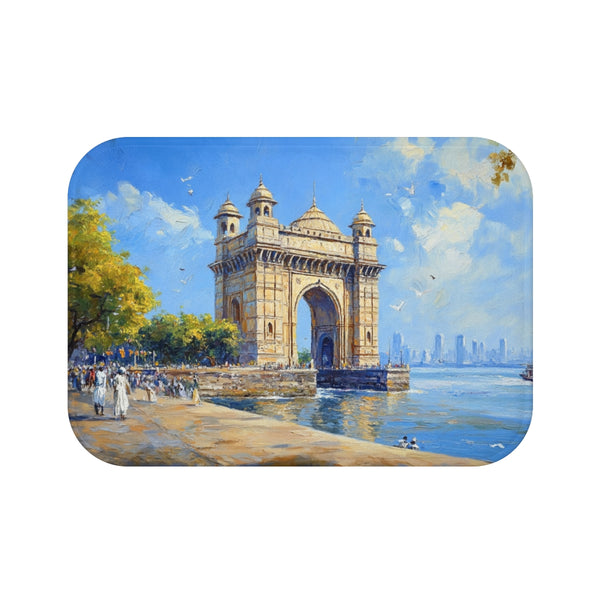 Mumbai Maharashtra Painting Gateway of India River — 61×43 Memory Foam Bath Mat — Top-Down Velvet Microfibre Artwork View