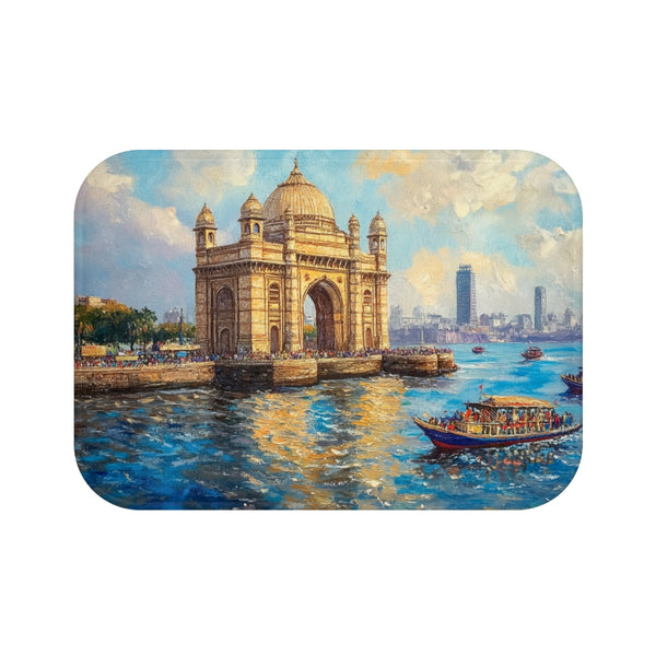 Mumbai Maharashtra Painting Gateway of India River — 61×43 Memory Foam Bath Mat — Top-Down Velvet Microfibre Artwork View