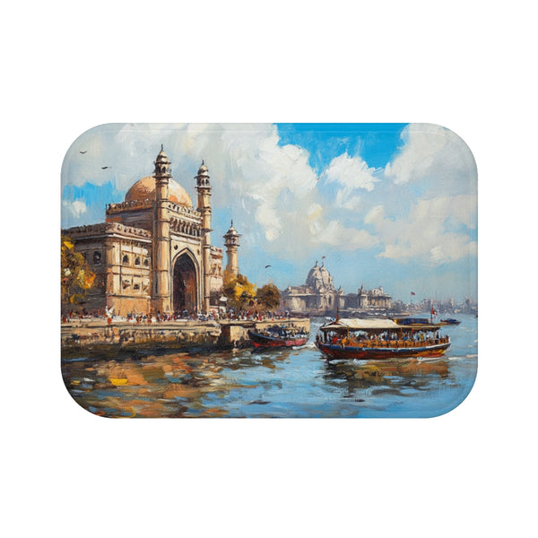 Mumbai Maharashtra Painting Gateway of India River — 61×43 Memory Foam Bath Mat — Top-Down Velvet Microfibre Artwork View
