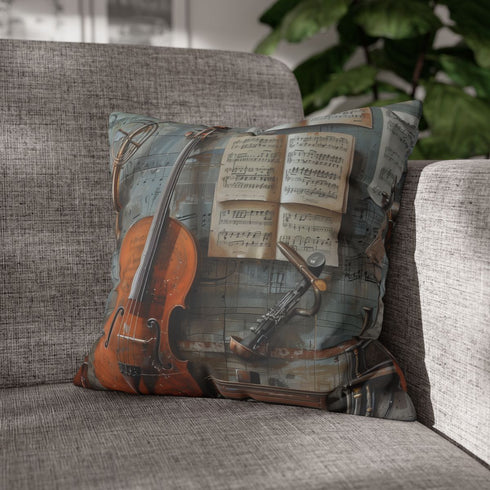 Music Notes and Instruments — Faux Suede Cushion Cover — Sofa & Living Room Lifestyle View