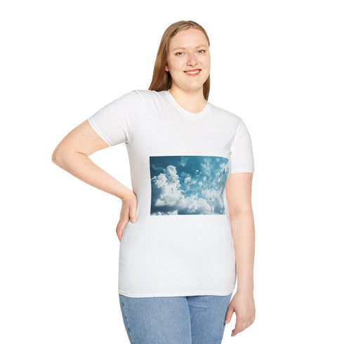 Music Notes Floating Through Clouds — Graphic Cotton T-Shirt — Model Streetwear Fit View