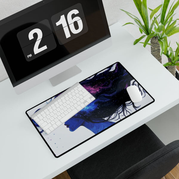 Mysterious Woman with Galaxy Hair (Edition III) — XXL Gaming Desk Mat — Gaming & Workspace Desk Setup View