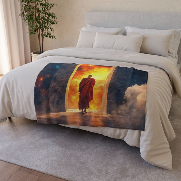 Mystic Monk Opening Cosmic Gate (Edition II) — Plush Fleece Throw Blanket — Drape over Sofa & Bed Lifestyle View