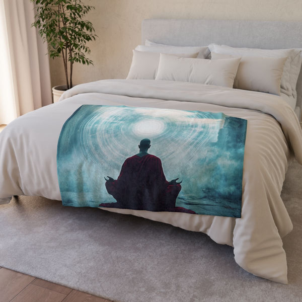Mystic Monk Opening Cosmic Gate (Edition III) — Plush Fleece Throw Blanket — Drape over Sofa & Bed Lifestyle View