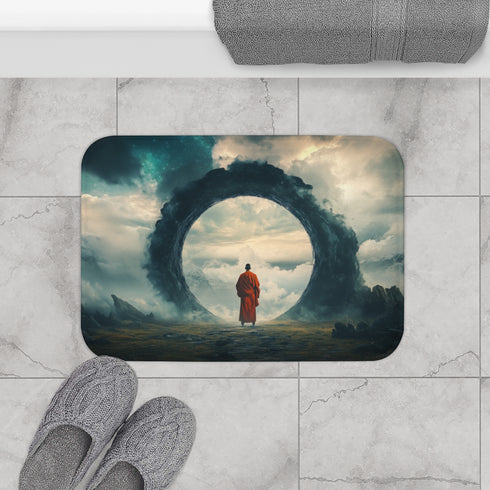 Mystic Monk Opening Cosmic Gate — 61×43 Memory Foam Bath Mat — Modern Bathroom Floor Lifestyle View