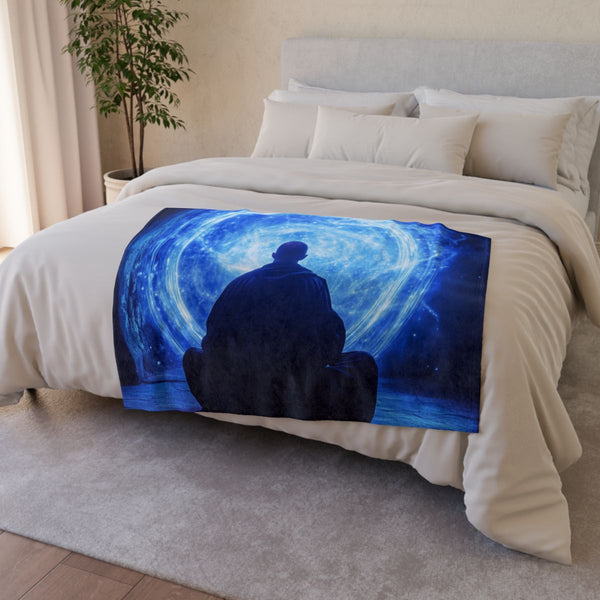 Mystic Monk Opening Cosmic Gate — Plush Fleece Throw Blanket — Drape over Sofa & Bed Lifestyle View
