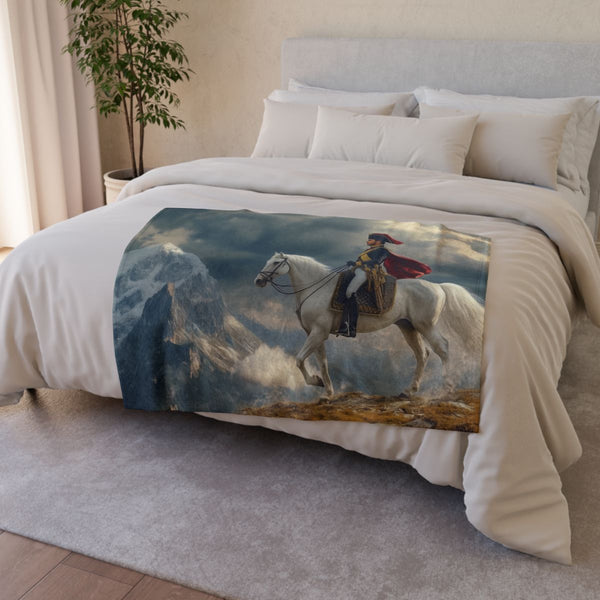 Napoleon Bonaparte Crossing the Alps — Plush Fleece Throw Blanket — Drape over Sofa & Bed Lifestyle View