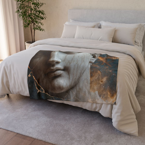 Nebula Inside Cracked Marble Statue — Plush Fleece Throw Blanket — Drape over Sofa & Bed Lifestyle View