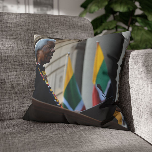 Nelson Mandela Speaking from a Balcony — Double-Sided Cushion Cover — Sofa & Armchair Living Room Lifestyle View